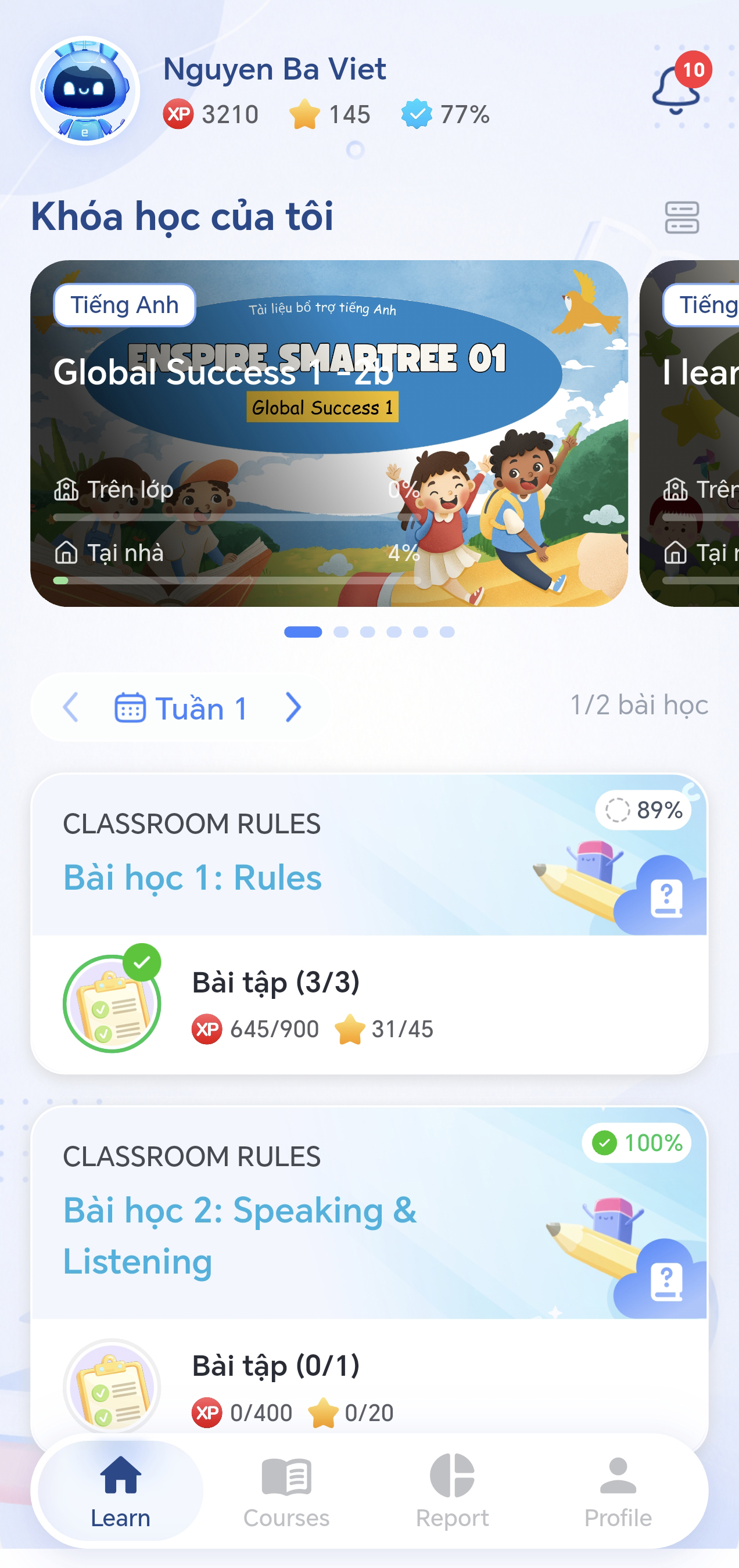 Khóa học và lộ trình bài học được trình bày trực quan
