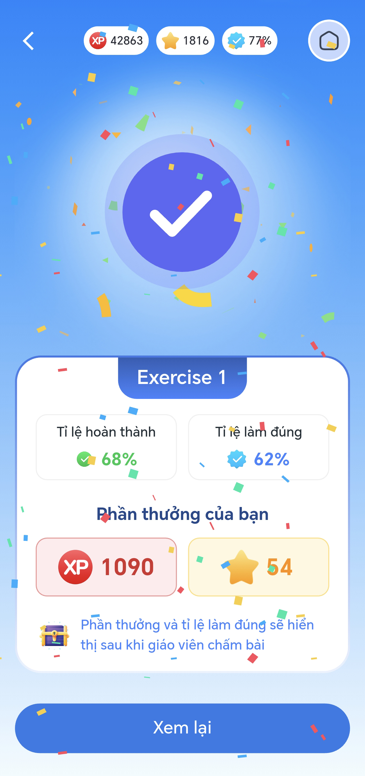 Kết quả học tập và phần thưởng tạo động lực sau mỗi bài